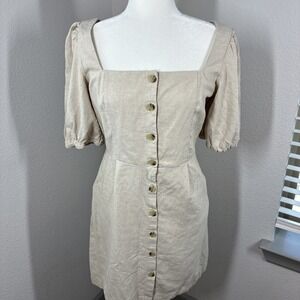 Old Navy Womens Puff Sleeve Linen Blend Dress Beige Medium Milkmaid Cottage